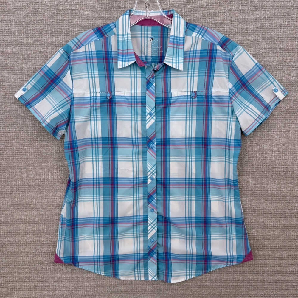 Kuhl Short Sleeve Plaid Button Up Shirt Women L Blue Gorpcore